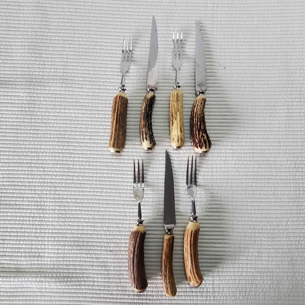 7 G. Fyne Sheffield Horn Antler Steak Knives Forks Cutlery Stainless Steal
